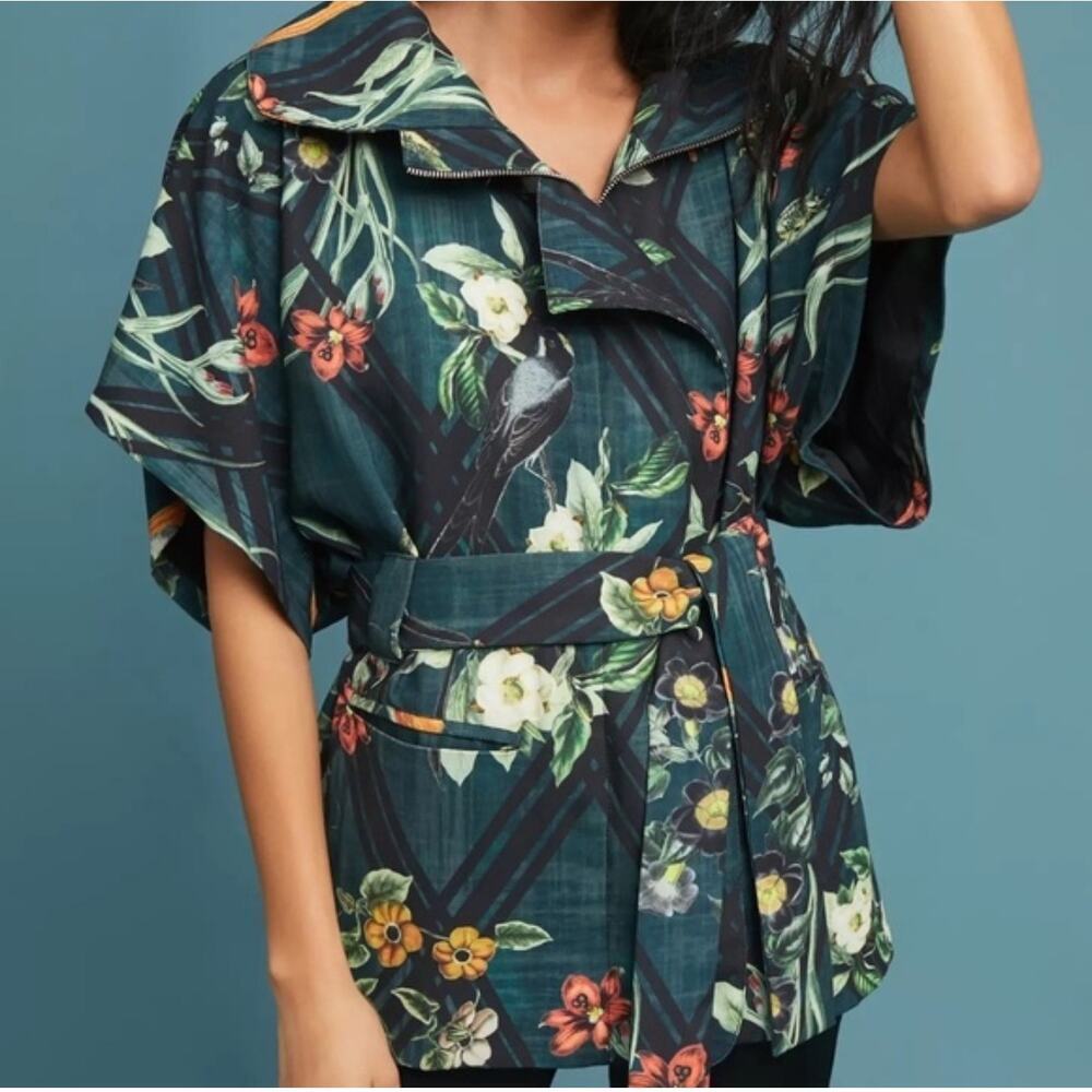 Anthropologie PatBo Kimono Sleeve Jacket size 12 Dark green botanical print - Picture 10 of 10